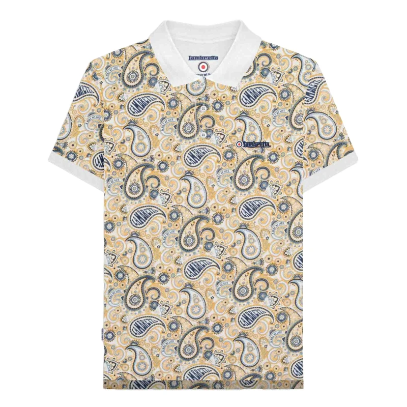 Image of Lambretta Lambretta Men SS25 Paisley Branded Big & Tall Polo Shirt in Off White Size: 2X-large Off White XXL Male 5063703813198