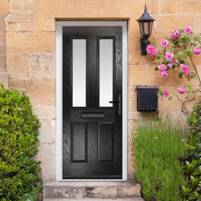 Image of Lacerta Composite Door Carnoustie Black 920mm X 2090mm Open In Left Hand Obs Glass 10 Year Guarantee - Free Delivery & Smart Lock
