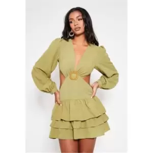 Image of I Saw It First Woven Cut Out Frill Skater Dress - Green