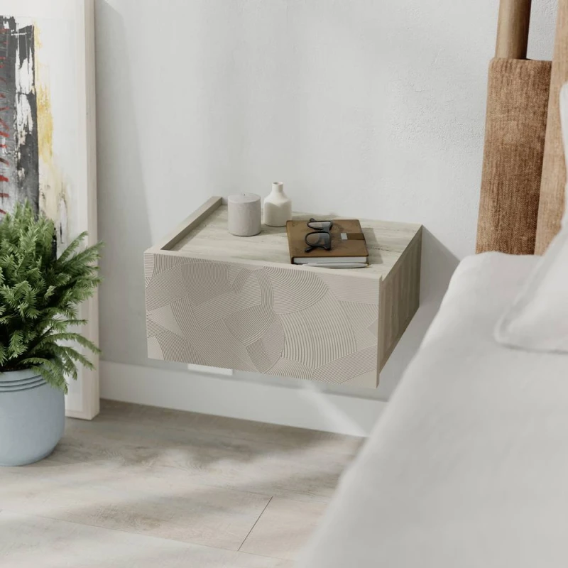 Image of Decortie Onda' Floating Bedside Table with Drawer Underneath LED Light in Light Sand Size: 1 Pack Light Sand Unisex 1 Pack