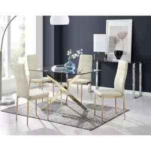 Image of Furniturebox UK - Furniturebox Leonardo 4 Gold Leg Glass Dining Table and 4 Cream Milan Velvet Dining Chairs With Gold Legs Diamond Stitch Modern
