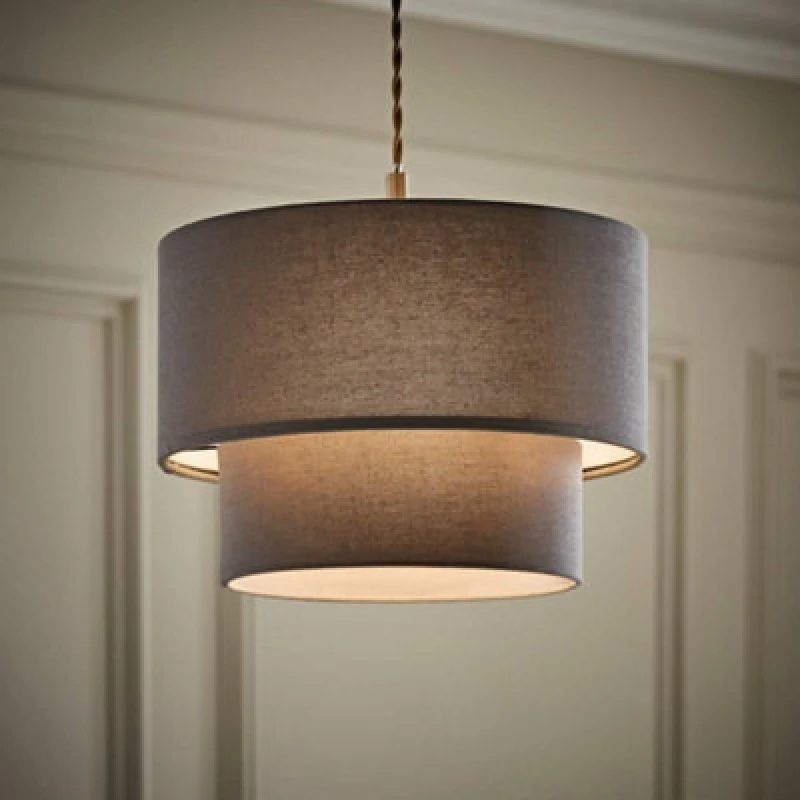 Image of ValueLights ValueLights Jodie Linen Two Tier Easy Fit Drum Ceiling Pendant Light Lamp Shade in Grey Grey One Size Unisex 5016529273547