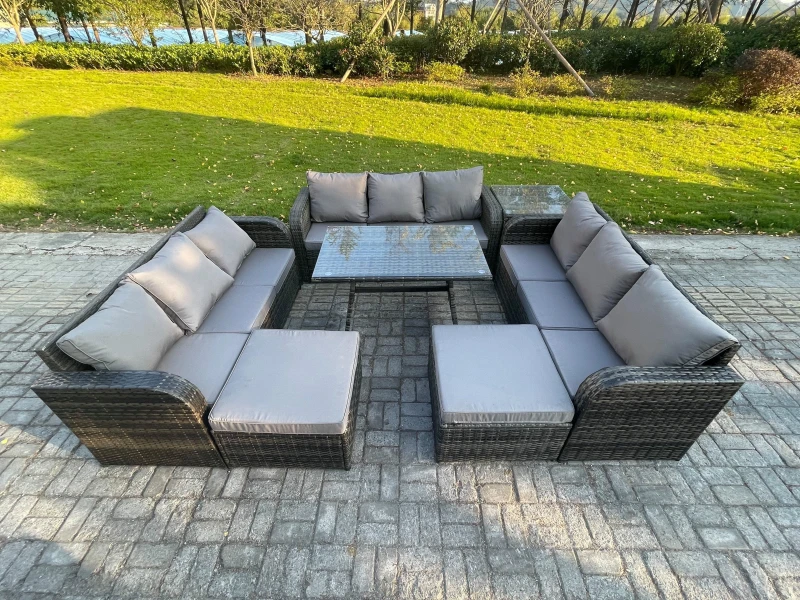 Image of Fimous Rattan Garden Furniture Set 11 Seater Patio Outdoor Lounge Sofa Set with Side Table Rectangular Dining Table 2 Big Footstool Dark Grey