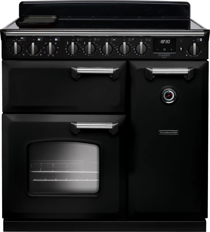 Image of Rangemaster CLDL90EIPGBL/CM1 Classic Deluxe 90cm Induction Range Cooker Chrome Trim 14587 - BLACK CLDL90EIPGBL/CM1
