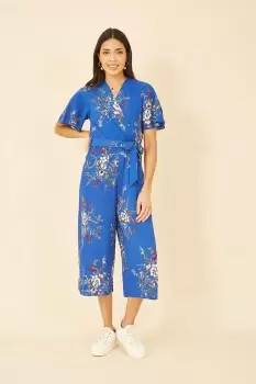 Image of Blue Floral Print Jumpsuit With Angel Sleeves