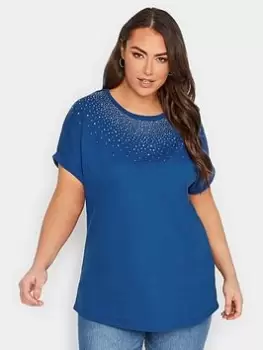 Image of Yours Embellished Neck T-Shirt - Blue Size 22-24, Women