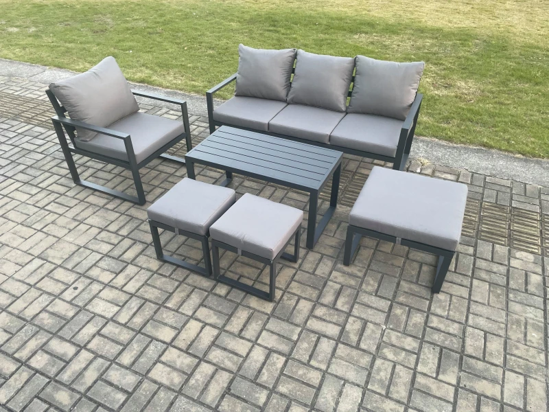 Image of Fimous Aluminium Outdoor Garden Furniture Set Patio Lounge Sofa with Oblong Coffee Table 3 Footstools Armchair Dark Grey Dark Grey Unisex