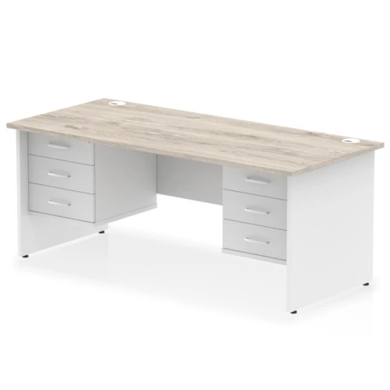 Image of Impulse Impulse 1800 x 800mm Straight Office Desk Grey Oak Top White Panel End Leg with 2 x 3 Drawer Fixed Pedestal MIRDP18FP3FP3GRYWHT