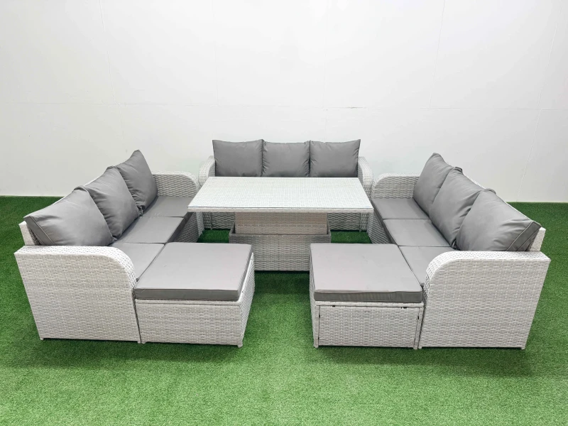 Image of Fimous PE Rattan Lounge Sofa Set 11 Seater Outdoor Garden Furniture Set with Adjustable Lifting Dining or Coffee Table 3 Seater Sofa 2 Big Footstools