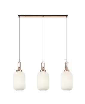 Image of Linear 3 Light Pendant E27 With 20cm Tubular Ribbed Glass, Opal Copper, Matt Black