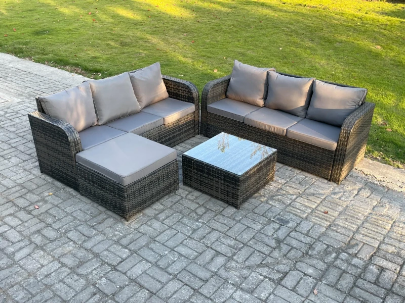 Image of Fimous Indoor Outdoor Rattan Garden Furniture 7 Seater Set Table Sofa Chair Patio Conservatory with Grey Cushions Big Footstool Dark Grey
