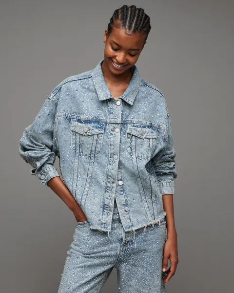 Image of AllSaints Piper Diamante Crystal Denim Jacket