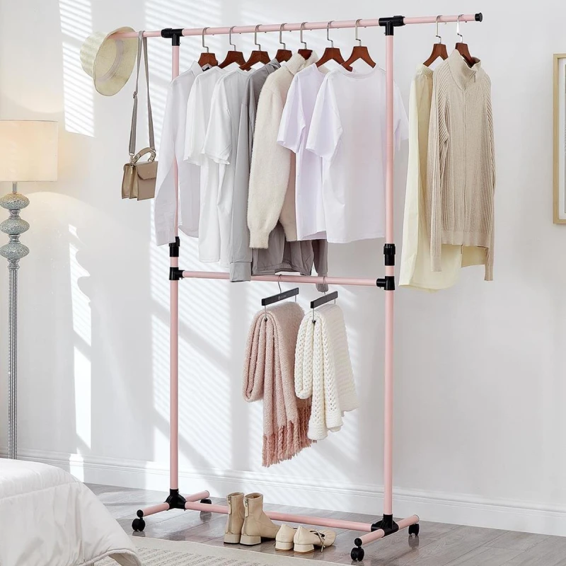 Image of House of Home Double Clothes Rail Extended Top Rail Adjustable Height Pink Pink unisex One Size