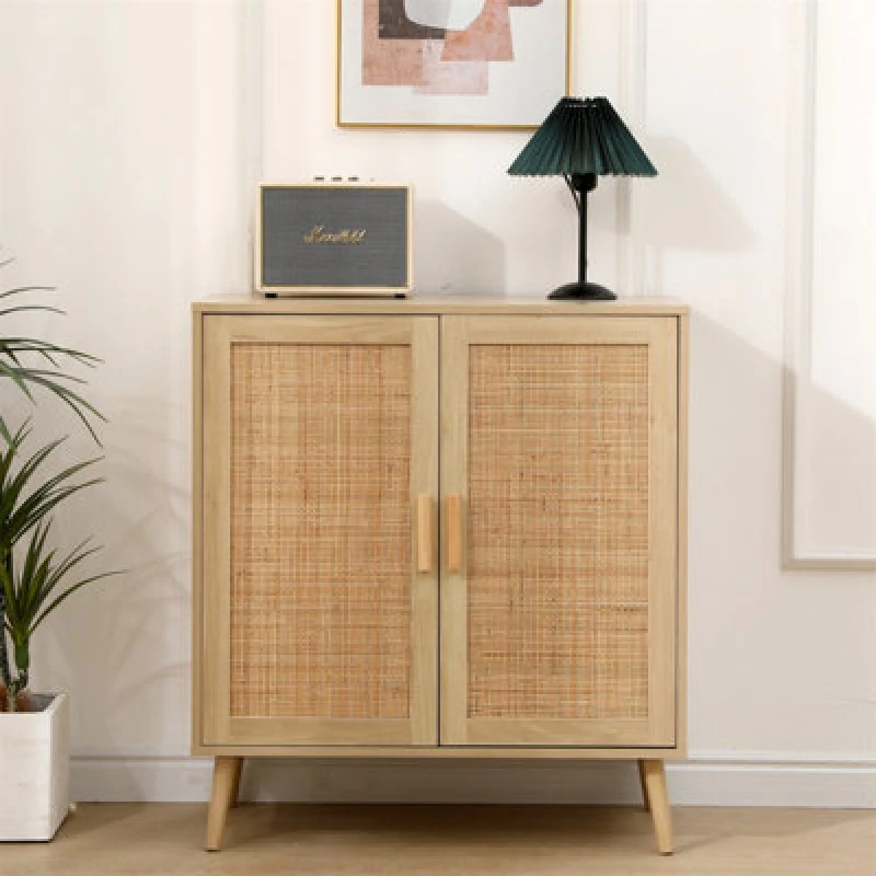 Image of Furniturehmd 2 Door Cabinet With Wicker Front,storage Buffet,organiser Unit,solid Pine Wood Legs