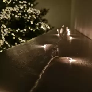 Image of 50 LED 5m Premier Christmas Indoor Outdoor Multi Function Battery Operated String Lights with Timer on Clear Cable in Warm White