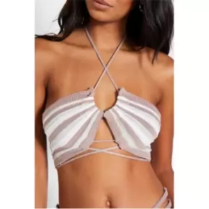 Image of I Saw It First Brown Ruched Front Cross Tie Detail Stripe Bandeau Bralet - Brown