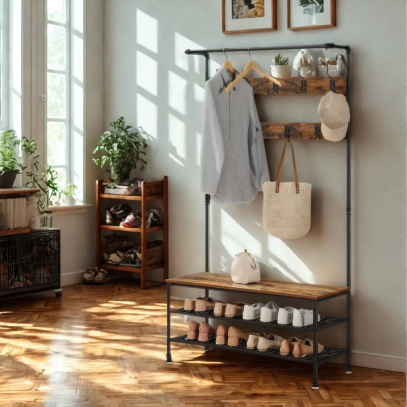 Image of Pirlo Plush Entryway Hall Tree Coat Rack Stand With Shoe Storage & Hooks in Brown Brown Unisex