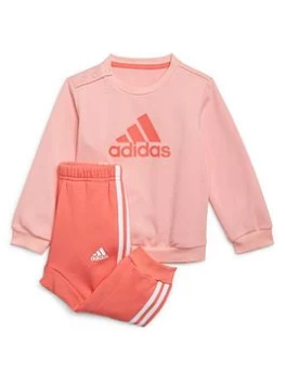 Image of adidas Adidsa Infant Badge Of Sport Logo Crew & Pant Set, Pink/White, Size 3-4 Years