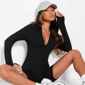 Image of I Saw It First Ribbed Collared Long Sleeve Unitard - Black