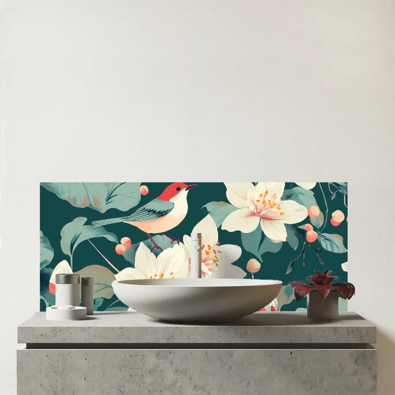 Image of Warren Reed - Designer A Bird Amongst The Lillies Glass Bathroom Splashback in Green Green Unisex