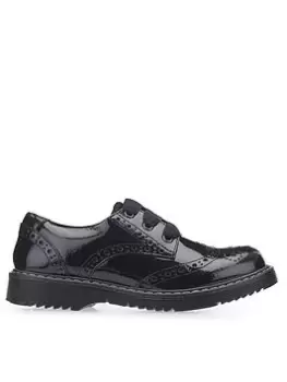 Image of Start-rite Impulsive Girls Black Patent Leather Lace Up Chunky Sole School Shoes With Brogue Styling - Black Patent, Size 13 Younger