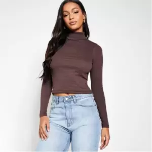 Image of I Saw It First Rib Roll Neck Cotton Crop Top - Brown