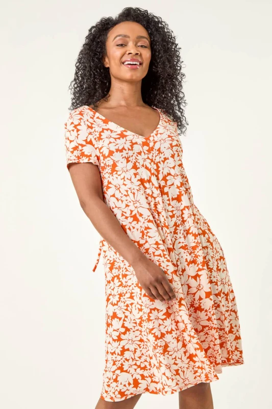 Image of Roman Womens Petite Floral Print Swing Pocket Dress in Orange Size: 18 Orange Female 18