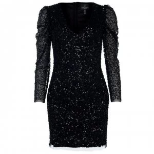 Image of Adrianna Papell Long Sleeved Beaded Dress - BLACK