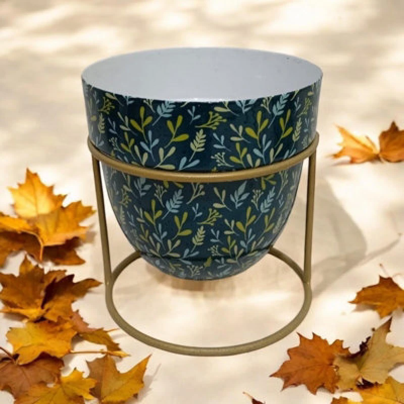 Image of Minster Small Leafs Print Design Planter In Stand - L13 X W13 X H13cm - Blue/green