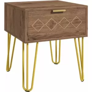 Image of Bedside Table with Drawer, Gold Metal Legs for Living Room Bedroom - Brown - Homcom