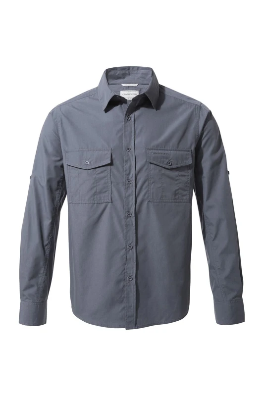 Image of Craghoppers Craghoppers Men NosiDefense Cotton-Blend 'Kiwi' Long Sleeve Shirt in Mid Blue Size: Small Mid Blue S Male 5054904522583