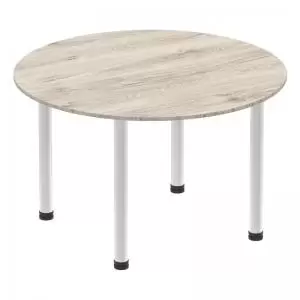 Image of Impulse 1200mm Round Table Grey Oak Top Brushed Aluminium Post Leg