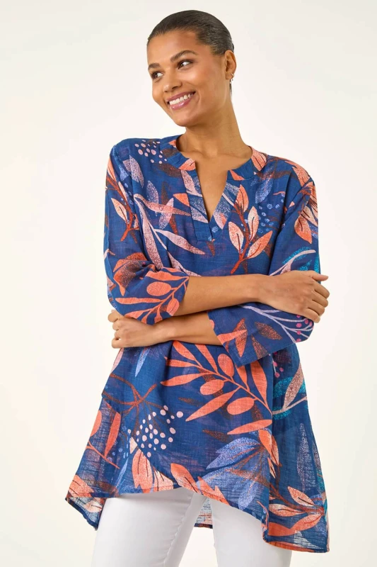 Image of Roman Womens Leaf Print Wrap Front Tunic Top in Navy Size: 20 Navy Female 20