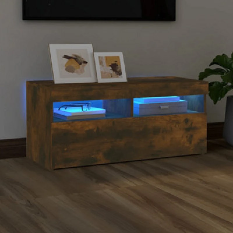 Image of vidaXL TV Cabinet with LED Lights Smoked Oak 90x35x40 cm, Brown 815675