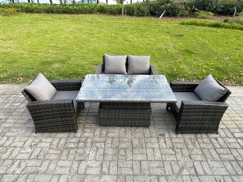 Image of Fimous High Back Rattan Garden Furniture Sofa Sets with Height Adjustable Rising Lifting Table Side Table Big Footstool in Dark Grey Dark Grey Unisex