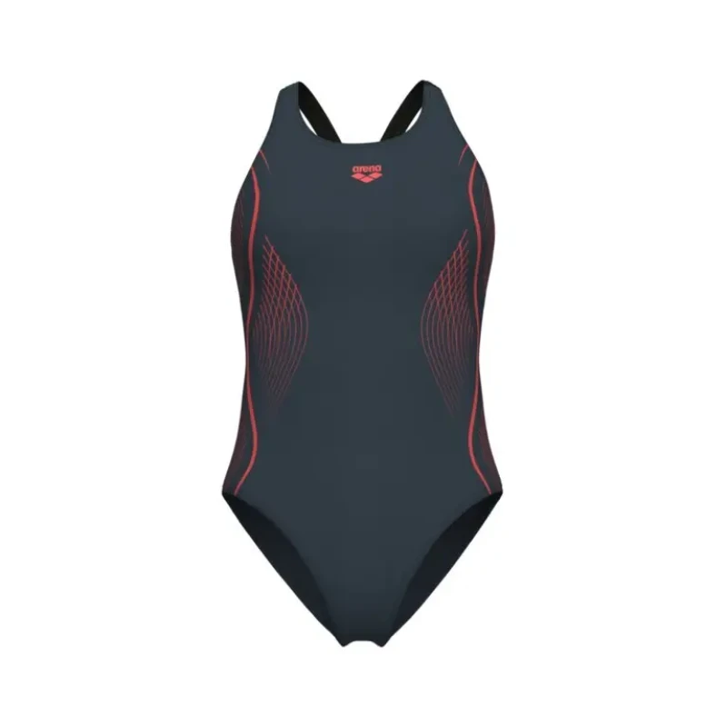 Image of Womens 1 Piece swimsuit Arena Grid V Back Graphic Gris Female 42