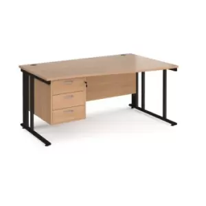 Image of Office Desk Right Hand Wave Desk 1600mm With Pedestal Beech Top With Black Frame Maestro 25 MCM16WRP3KB