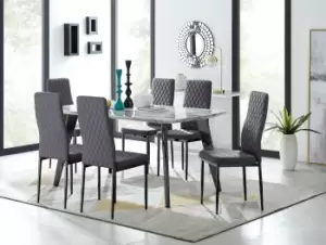 Image of Andria Marble Effect Dining Table With Black Legs & 6 Milan Velvet Black Leg Chairs