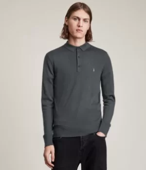 Image of AllSaints Mens Mode Merino Long Sleeve Polo Shirt, Haze Green, Size: XXL