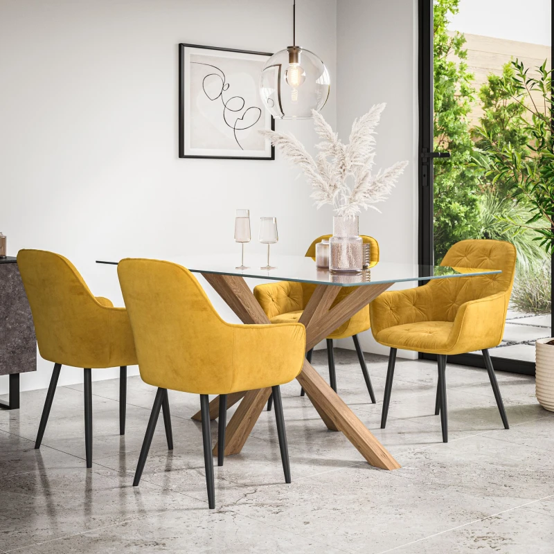 Image of More4Homes Etta Glass Dining Table And Chairs - Glass Top W Solid Oak Legs + Anika Velvet Dining Chair Set Of 4 (Mustard)
