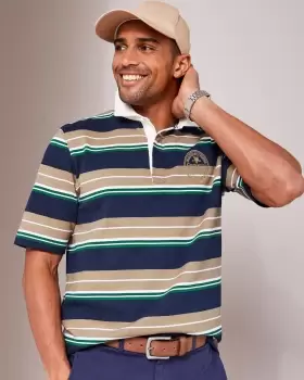 Image of Cotton Traders Mens Guinness Short Sleeve Stripe Rugby Shirt in Blue