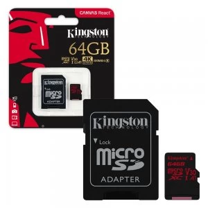 Image of Kingston Canvas React MicroSDXC Memory Card 100MB/s UHS-1 U3 A1 V30 Class 10 With Adapter - 64GB