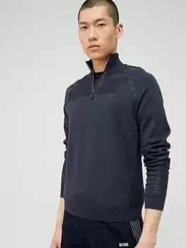 Image of BOSS Zandi Quarter Zip Knitted Jumper - Dark Blue, Dark Blue Size M Men