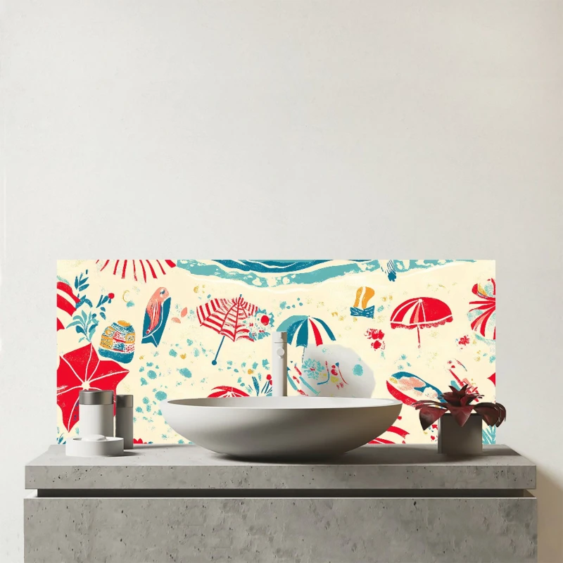 Image of Warren Reed - Designer A Day At The Beach Glass Bathroom Splashback Multicolor Unisex