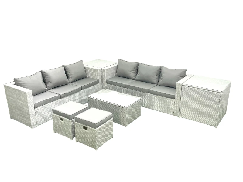 Image of Fimous Garden Outdoor PE Rattan Furniture Set 8 Seater Rattan Garden Sofa Set with 2 Small Footstool 2 Side Tables Light Grey Mixed Light Grey