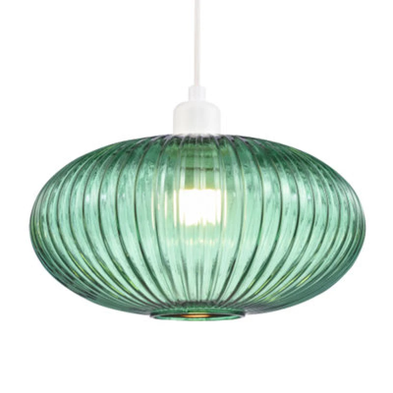 Image of Happy Homewares Modern Designer Emerald Forest Green Line Ribbed Glass Oval Pendant Lamp Shade