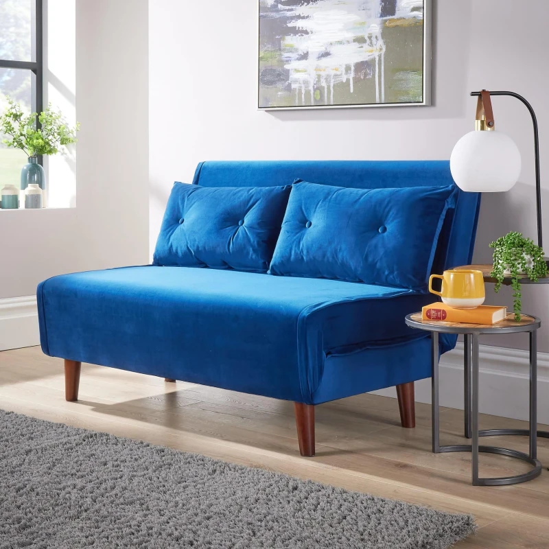 Image of Home Source Morella Velvet 2 Seater Double Folding Sofa Bed Blue