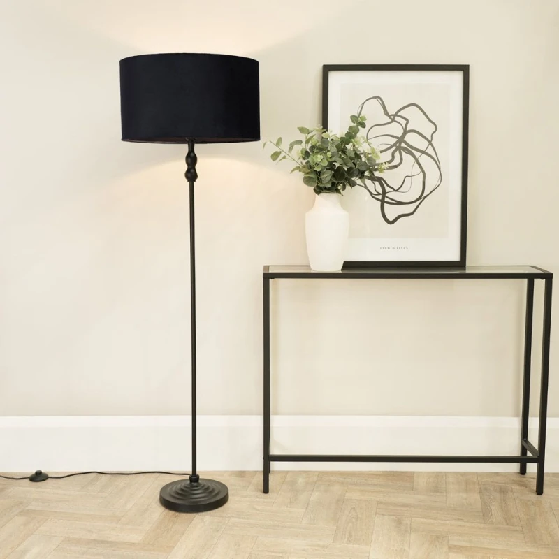 Image of ValueLights Maggie Black Metal Candlestick Floor Lamp with Velvet Lamp Shade Black