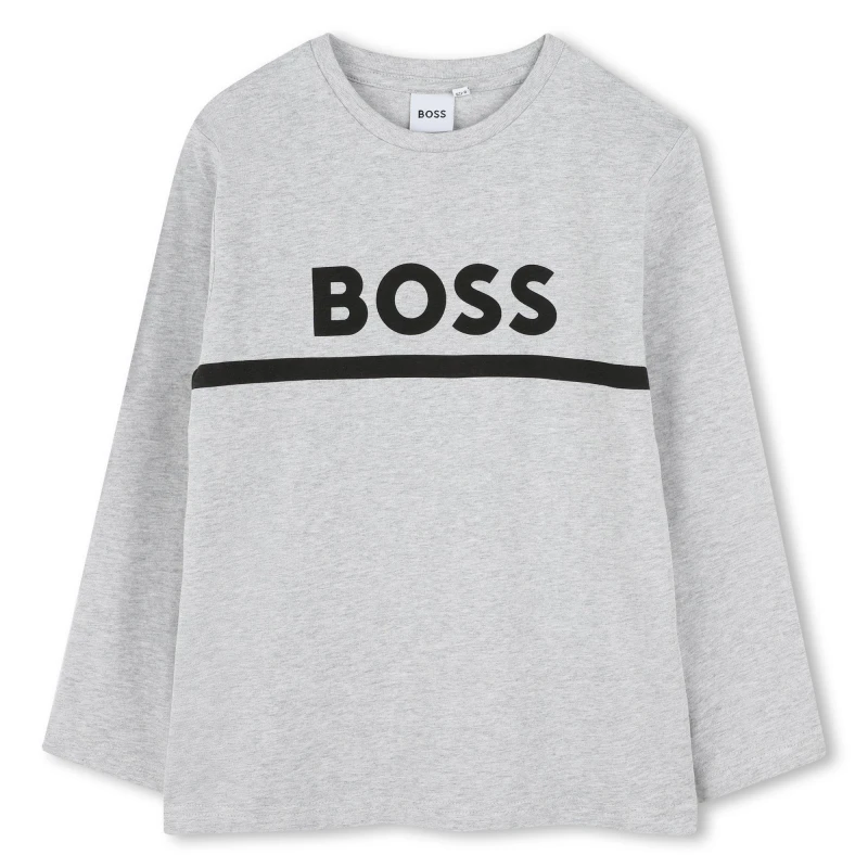 Image of Boss Kids Long-sleeve Large Logo Tee, Iconic Logo Print T-Shirt Grey A32 male 10 Yrs
