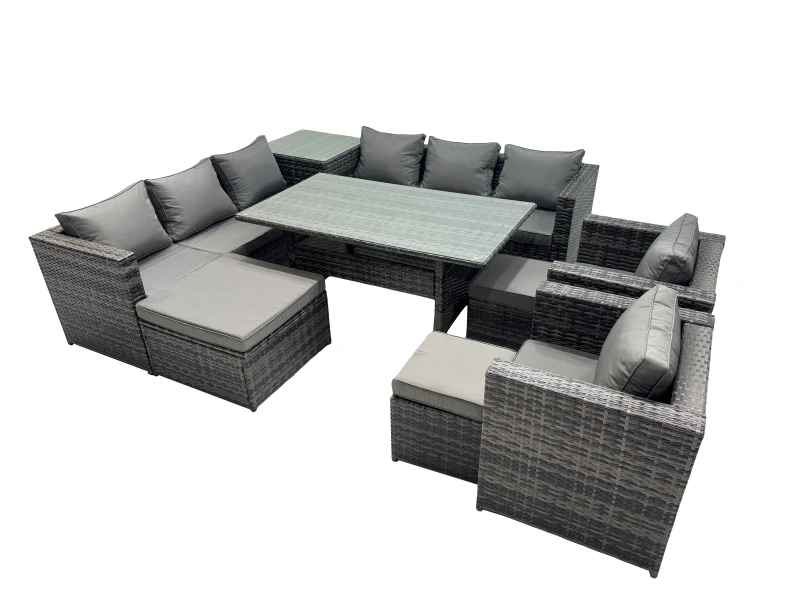 Image of Fimous Garden Rattan Furniture Set 11 Seater with Side Table 3 Stool in Dark Grey Dark Grey Unisex